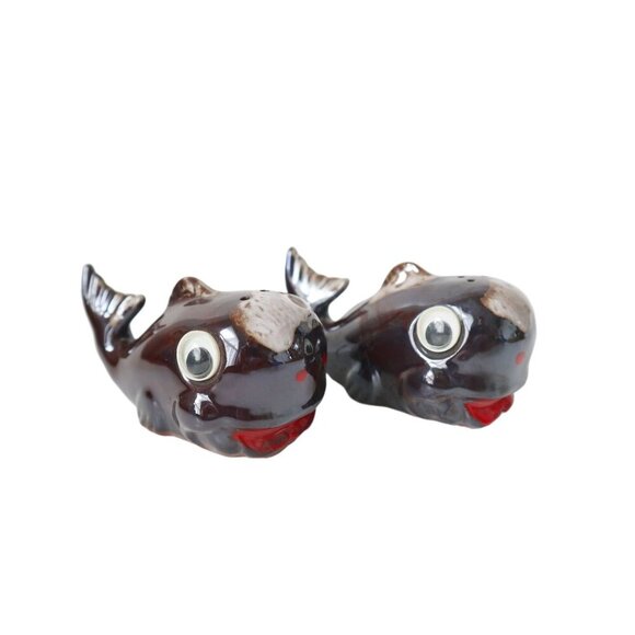 Vintage Whale Salt & Pepper Shakers Made of Redware Pottery Googly Eyes Japan - Picture 1 of 4